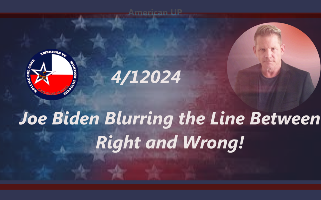 The image is a graphical user interface featuring text elements such as "AMERICAN UP," "MORIORI INVICTUS," "PURE BLOOD NO VAXX," and "NOLI ME CAL CARE." It also mentions the "Joe Biden'Blurring the line between right and wrong" The date shown is 4/1/2024.