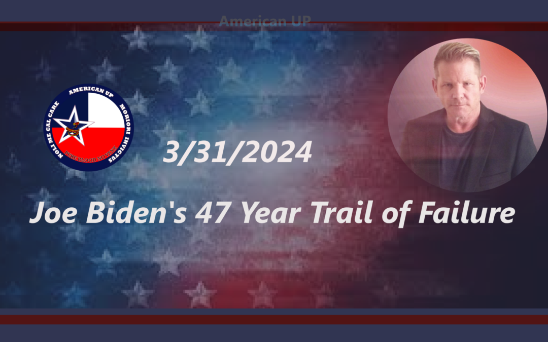 The image is a graphical user interface featuring text elements such as "AMERICAN UP," "MORIORI INVICTUS," "PURE BLOOD NO VAXX," and "NOLI ME CAL CARE." It also mentions the "Joe Biden's 47 year trail of Failures" The date shown is 3/31/2024.