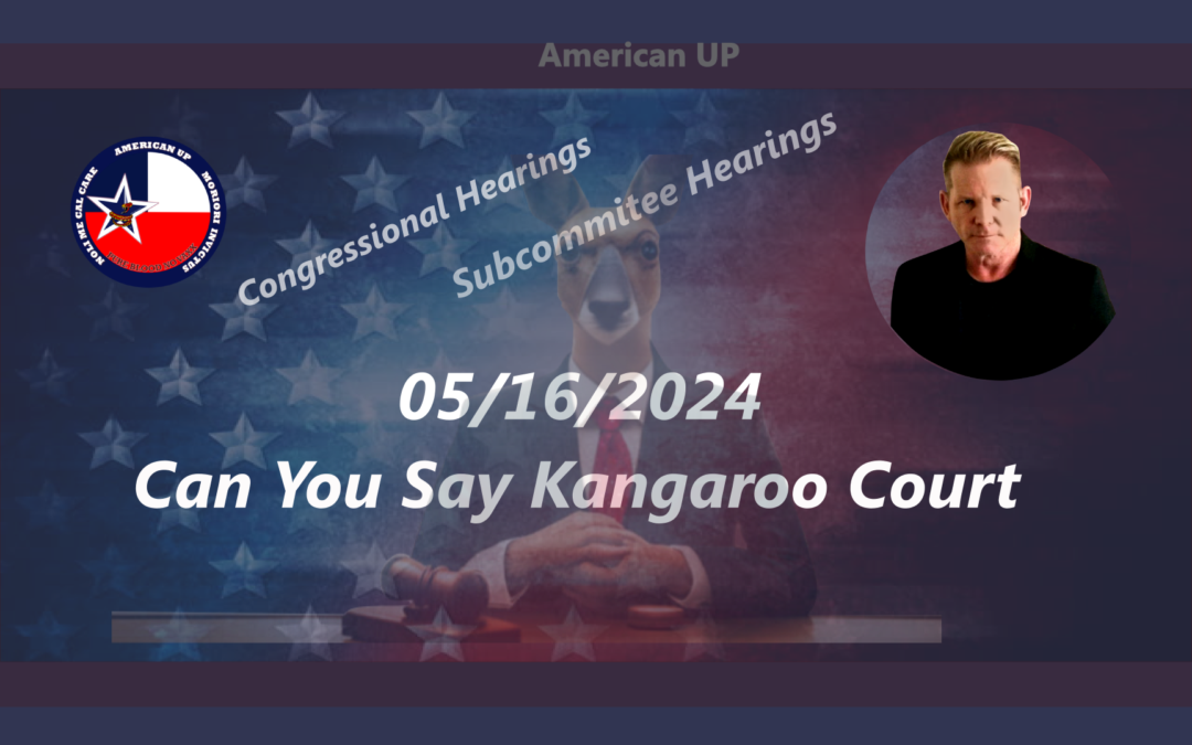 The image is a graphical user interface featuring text elements such as "AMERICAN UP," "MORIORI INVICTUS," "PURE BLOOD NO VAXX," and "NOLI ME CAL CARE." It also mentions Kangaroo Court Congressional Hearings Subcommittee Hearings" The date shown is 5/16/2024. The tags associated with the image include text, human face, Drew Stephens the host, person, screenshot, graphic design, graphics, logo, font, and brand.